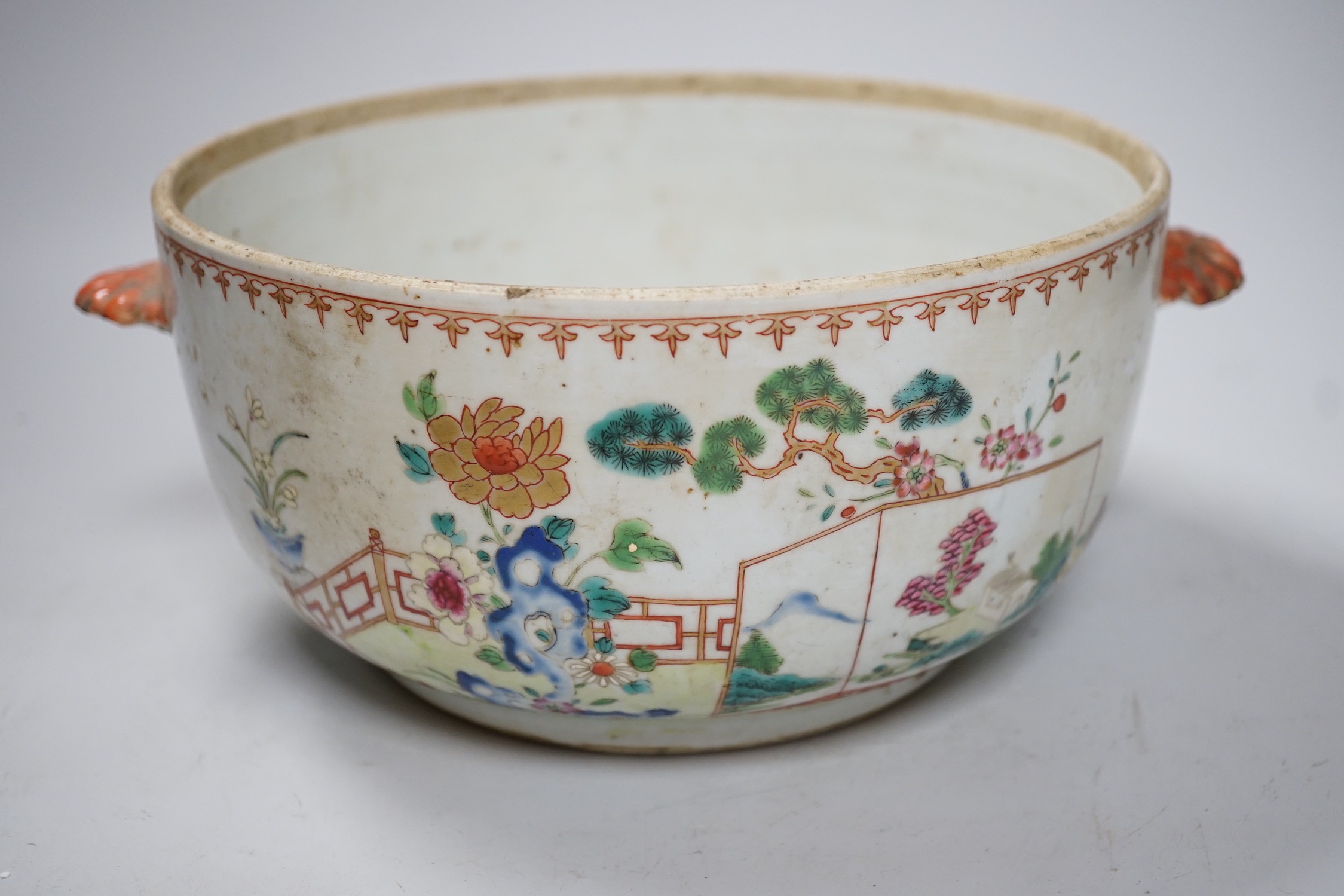 A Chinese famille rose ‘garden’ tureen and cover, Qianlong period, 19cms high